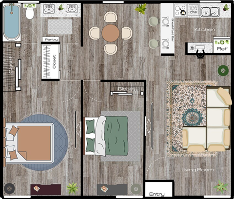 Floor plan for 2 beds, 1 bath, 850 sqft